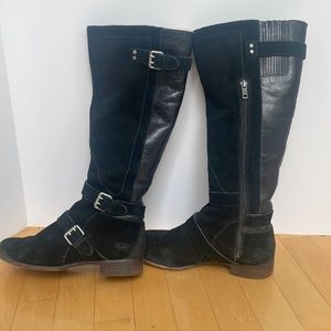 UGGS Cyndee Black Leather/Suede Riding Boots w/ partial zip/shearling sz 6.5